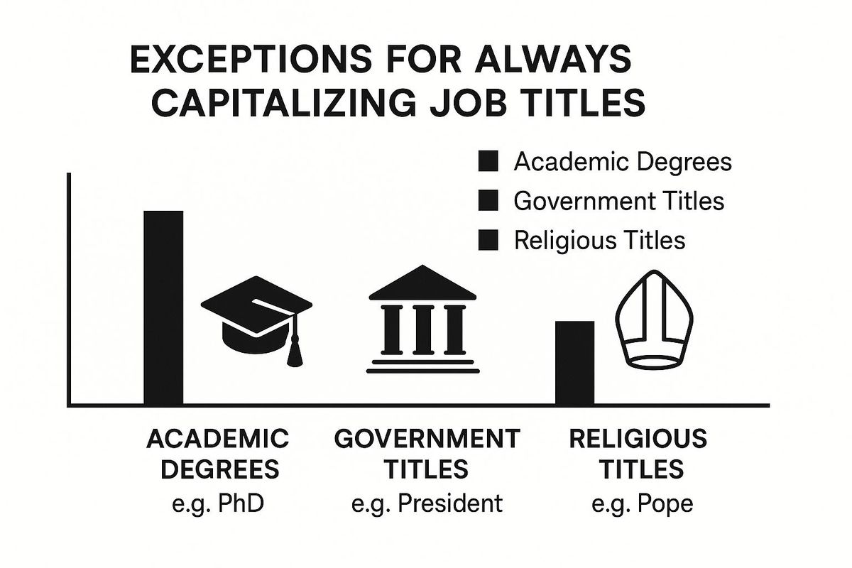 Infographic showing exception categories for always capitalizing job titles: Academic Degrees, Government Titles, and Religious Titles.