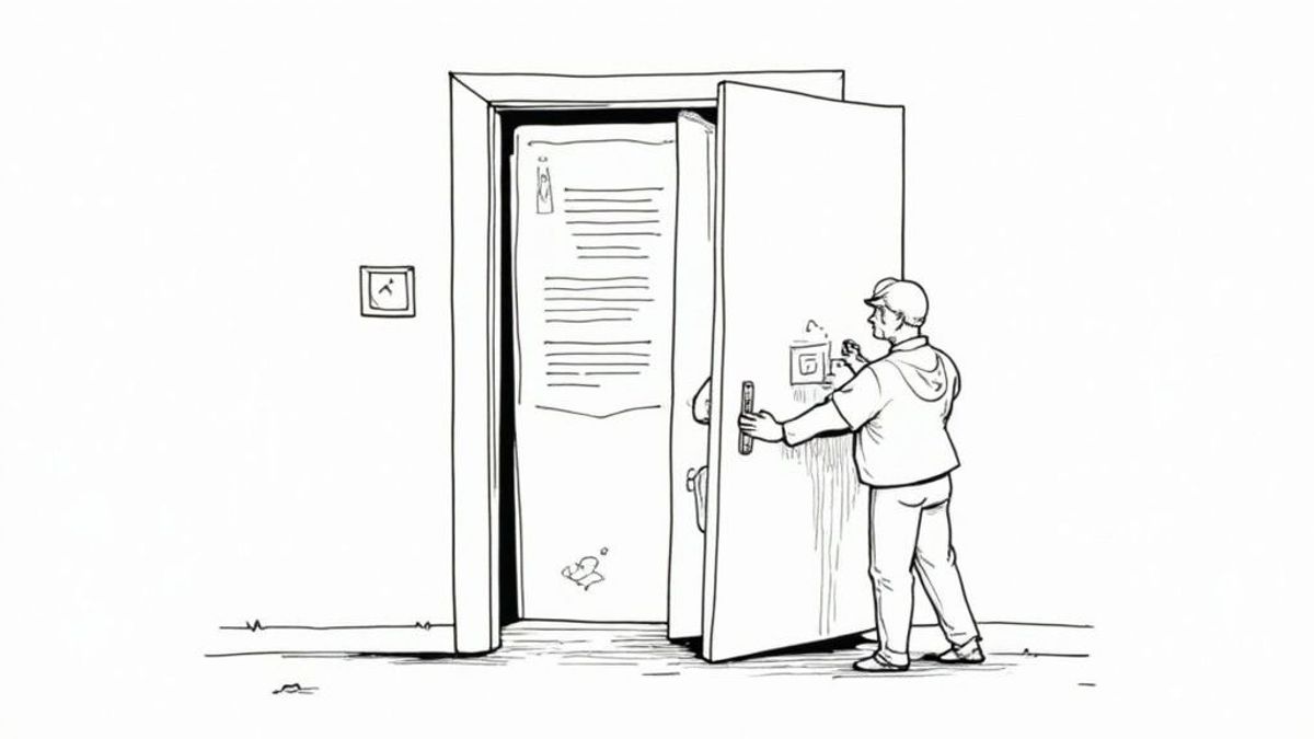 Person opening a door shaped like a resume, symbolizing opportunity.