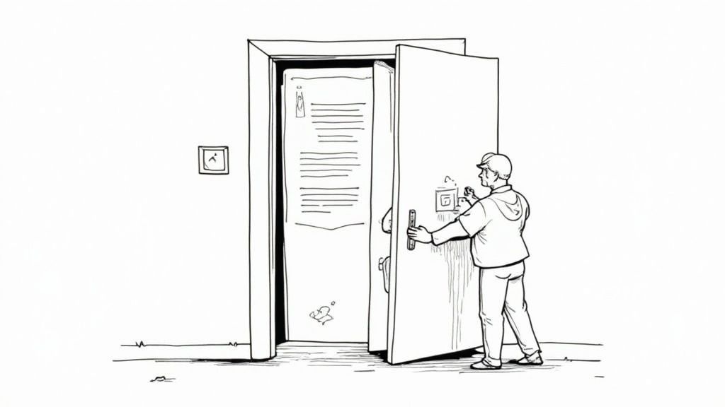 Person opening a door shaped like a resume, symbolizing opportunity.