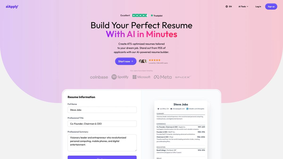 AIApply Resume Builder interface showing ATS-optimized resume creation with a Steve Jobs sample resume and form fields
