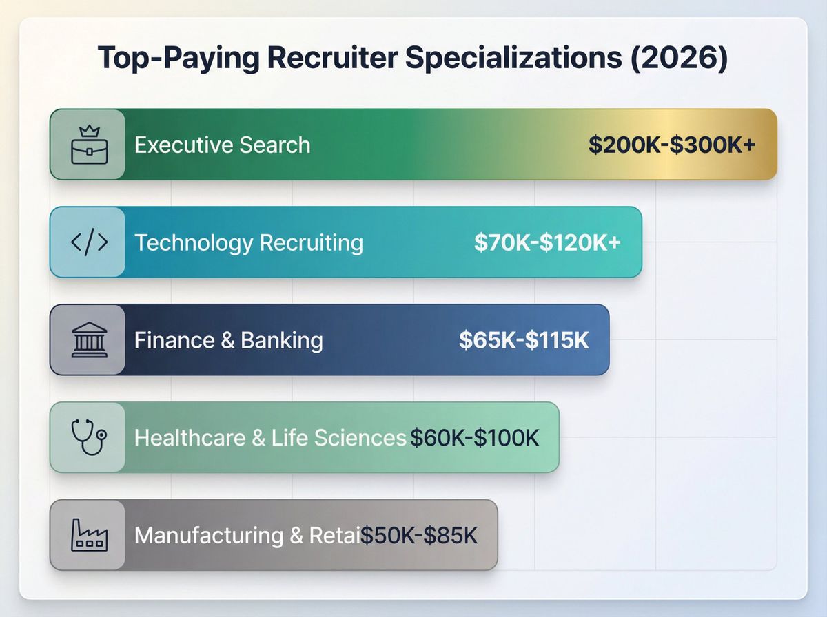 Comparison of recruiter specialization salaries showing Executive Search earning $200K-$300K+ at top, followed by Technology, Finance, Healthcare, and Manufacturing roles in descending order