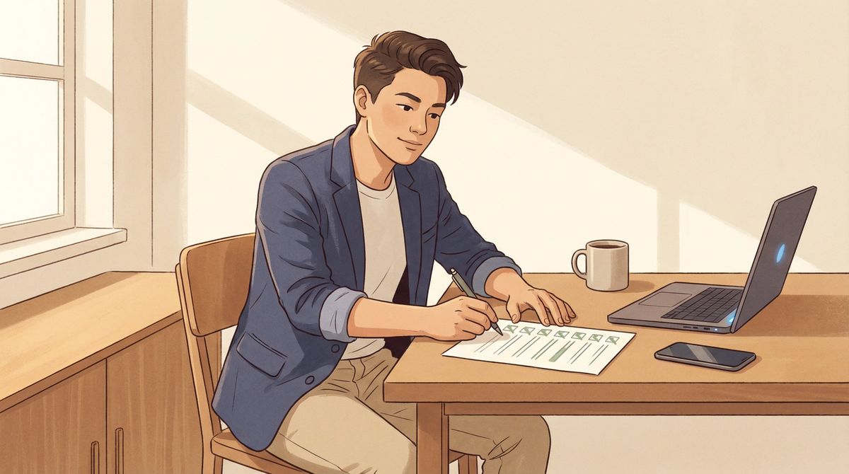 Professional candidate reviewing a 7-item interview readiness checklist at a clean desk, confidently ticking final boxes before an interview