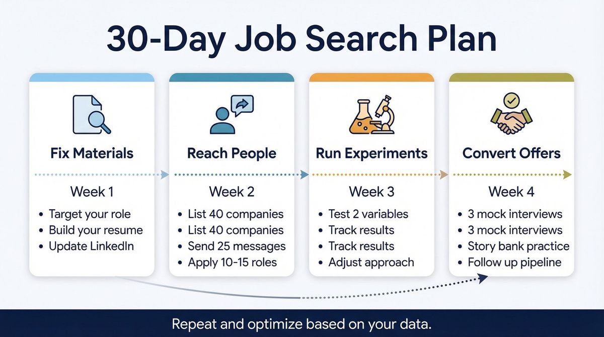 30-day job search action plan: 4-week horizontal timeline showing Resume, Outreach, Experiment, and Interview phases