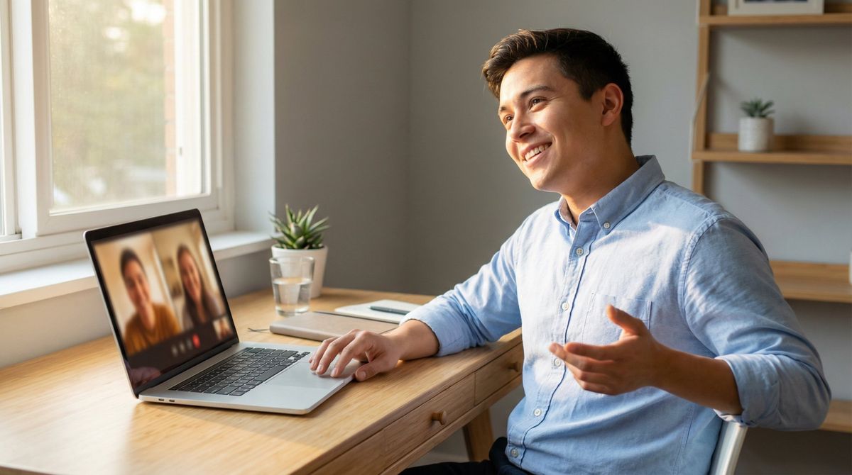 Professional candidate concluding successful virtual interview with visible confidence and satisfaction