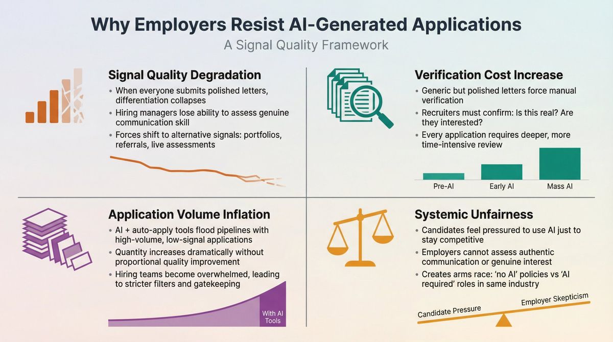 Four-quadrant infographic showing why employers reject AI-generated cover letters: signal degradation, verification overhead, volume inflation, and systemic unfairness