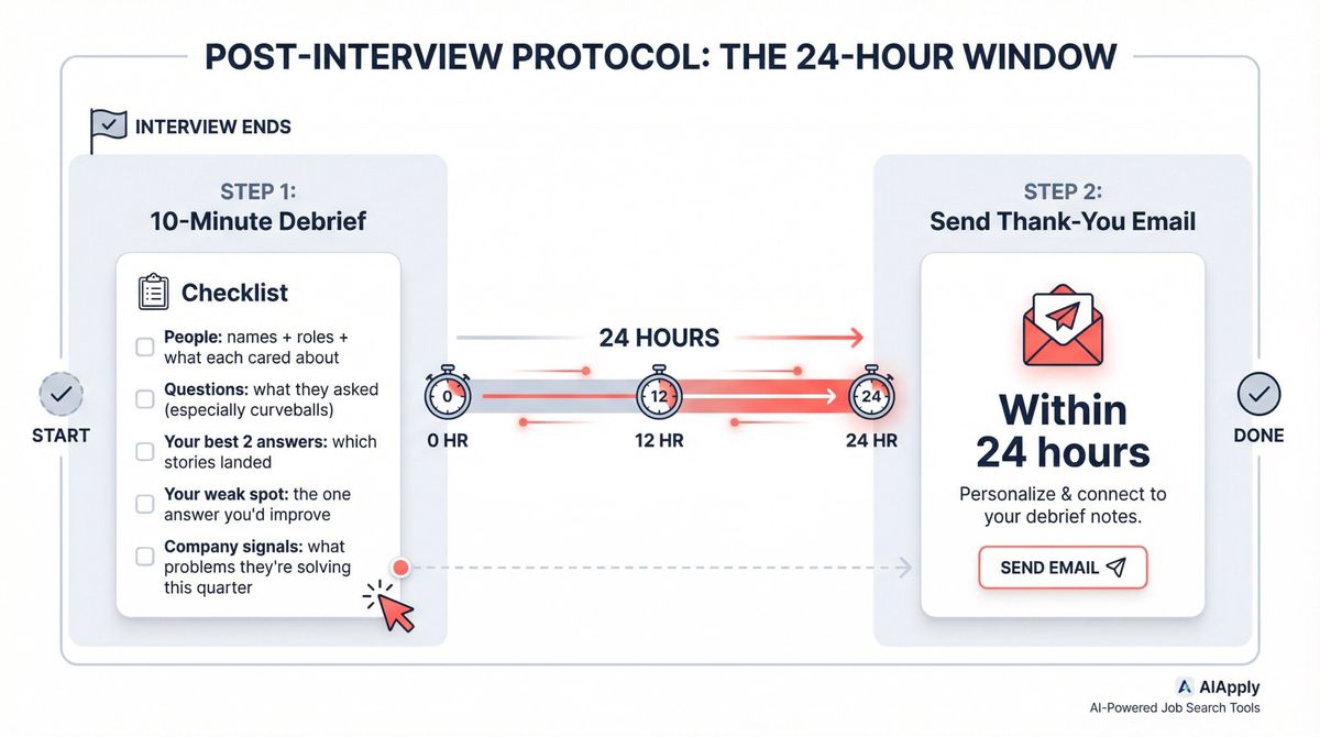 24-hour post-interview protocol infographic showing debrief checklist and thank-you email timeline