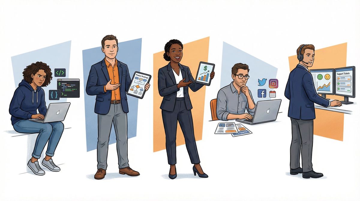 Five diverse professionals representing different career roles: software engineer, product manager, sales, marketing, and customer success