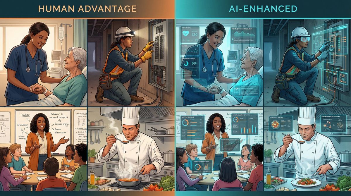 Split-panel showing AI-resistant professionals (nurse, electrician, teacher, chef) on left, enhanced by AI tools and digital overlays on right