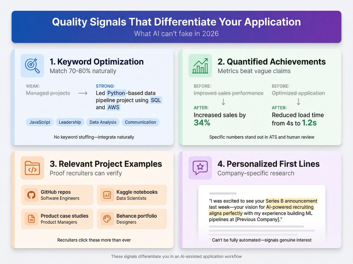Four-panel infographic showing quality job application signals: keyword optimization, quantified achievements, project examples, and personalized touches