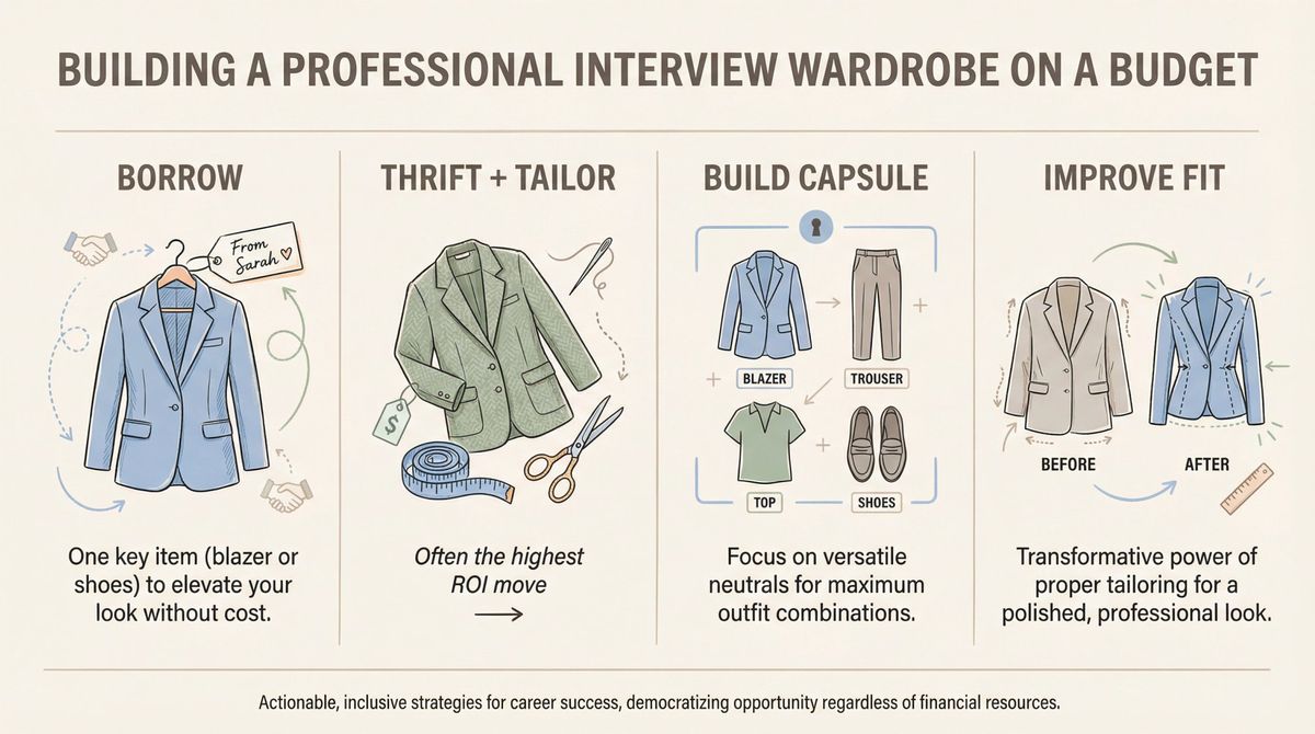 Four-step visual guide showing budget-friendly interview wardrobe building: borrowing items, thrift shopping, tailoring, and capsule wardrobe essentials