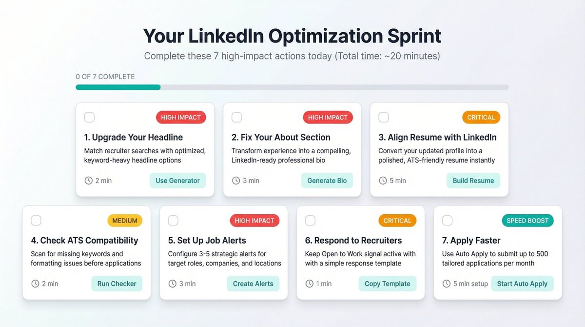 Professional task dashboard showing 7 high-impact LinkedIn optimization actions with time estimates and priority badges