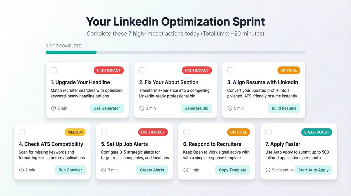 Professional task dashboard showing 7 high-impact LinkedIn optimization actions with time estimates and priority badges