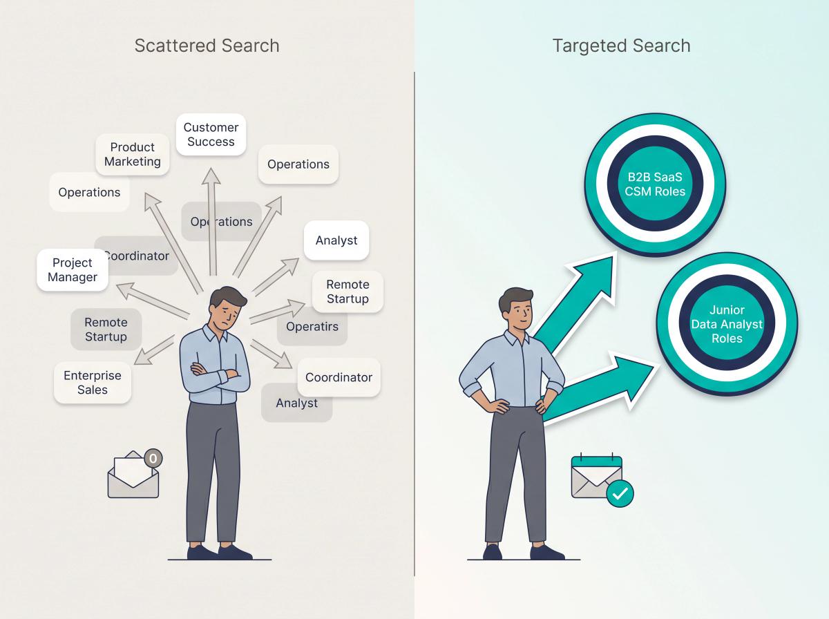 Split illustration comparing scattered job applications across many roles versus a focused two-lane job search strategy leading to interviews