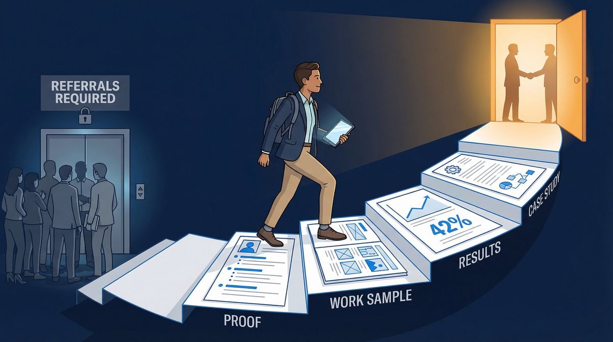 Editorial illustration of a job seeker ascending stairs built from proof documents toward a lit office doorway, replacing the need for network referrals