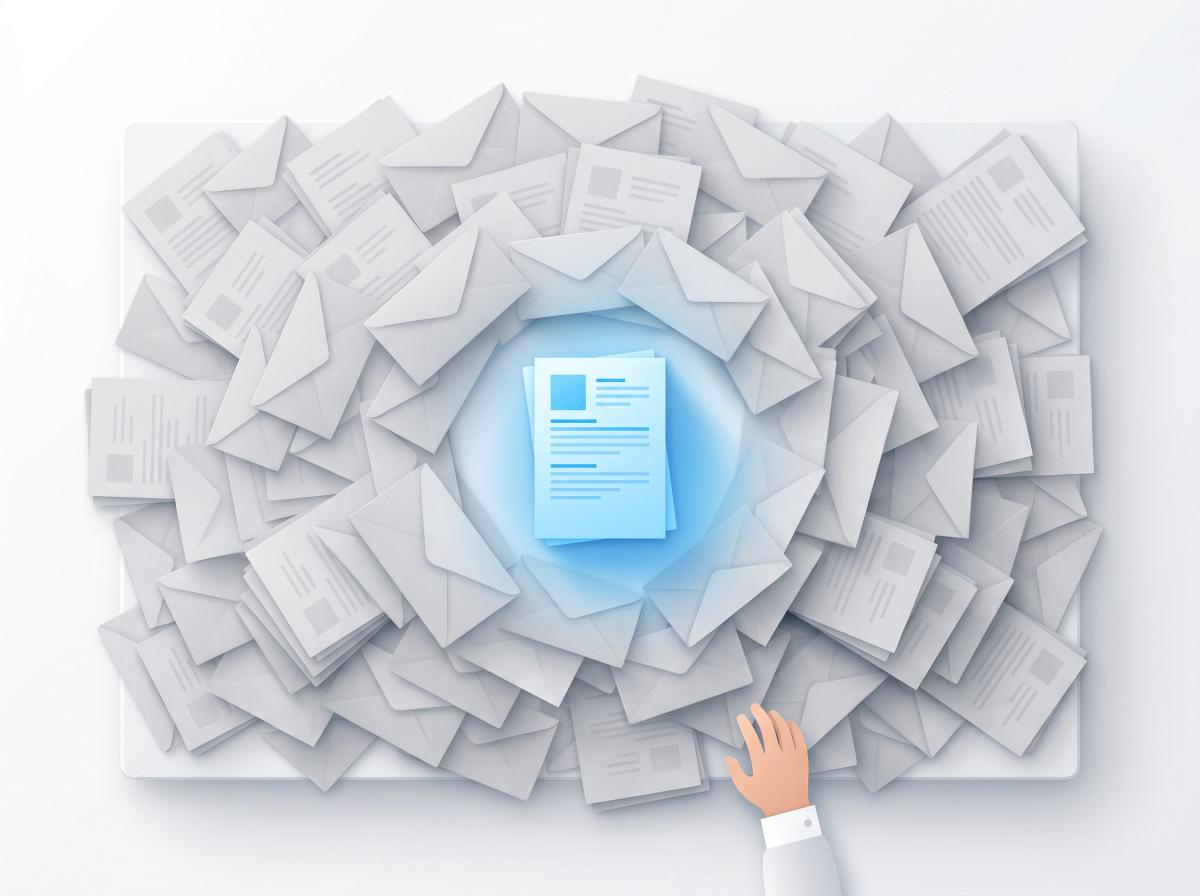 Overhead view of a recruiter's desk buried under hundreds of identical grey resumes, with one glowing blue resume standing out as the clear match