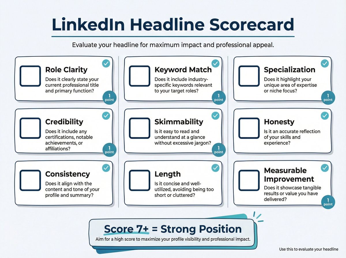 LinkedIn headline quality scorecard with 9 evaluation criteria and scoring system for job seekers