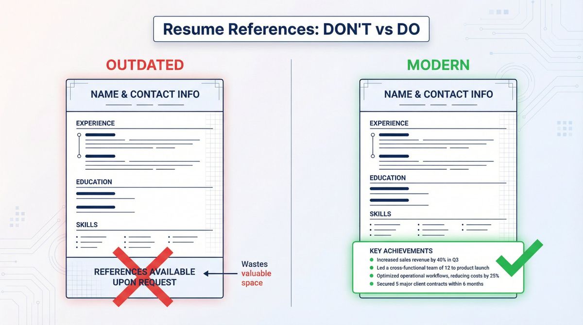 Before/after comparison showing outdated resume with 'References Available Upon Request' vs modern resume using that space for achievements