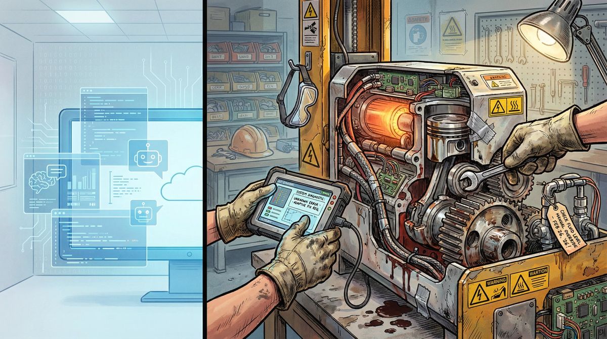 Split illustration showing digital code debugging on left versus hands-on physical repair work on right, emphasizing real-world mechanical expertise