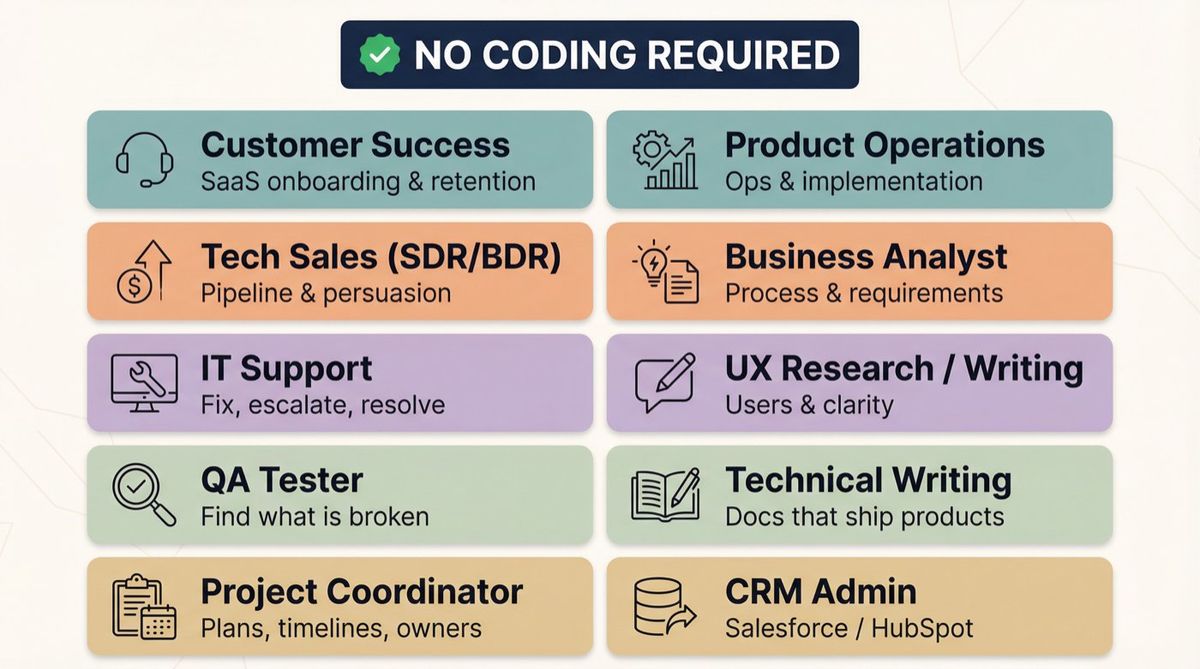Grid of 10 non-coding tech roles career changers can get in 2026, organized by skill type with role names and descriptors