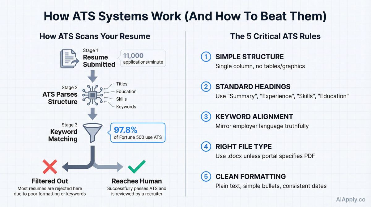 Visual breakdown of how ATS systems scan resumes and the 5 critical rules job seekers must follow to pass automated filters