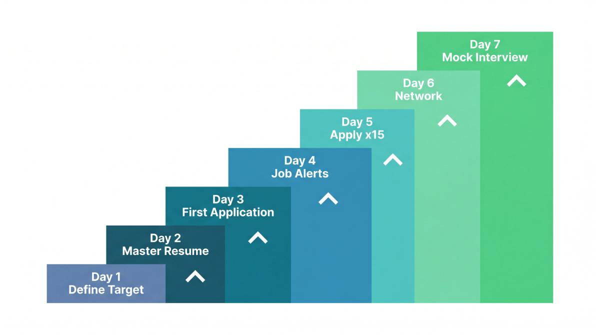 7-step ascending staircase illustration showing each day of the job search kickstart plan from target-setting to mock interview