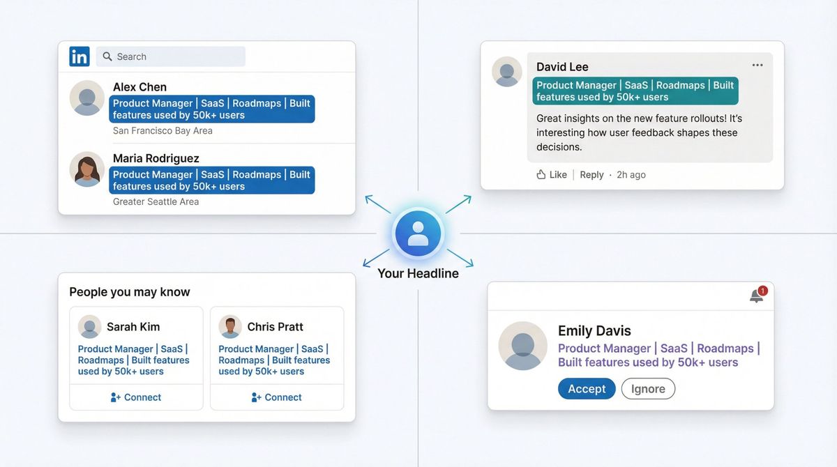 Illustration showing a LinkedIn profile headline appearing across four key touchpoints: search results, comments, People You May Know, and connection requests