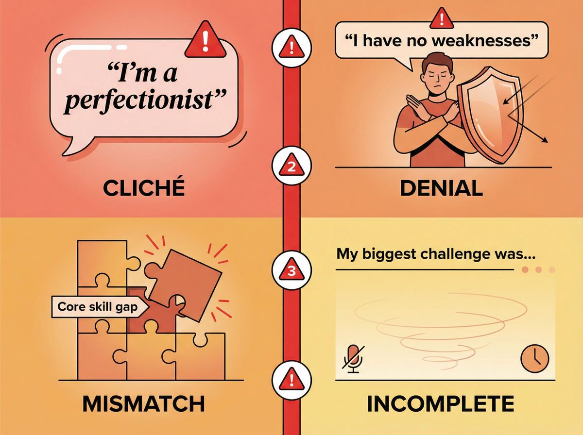 Visual guide showing 4 common interview mistakes candidates make when answering weakness questions