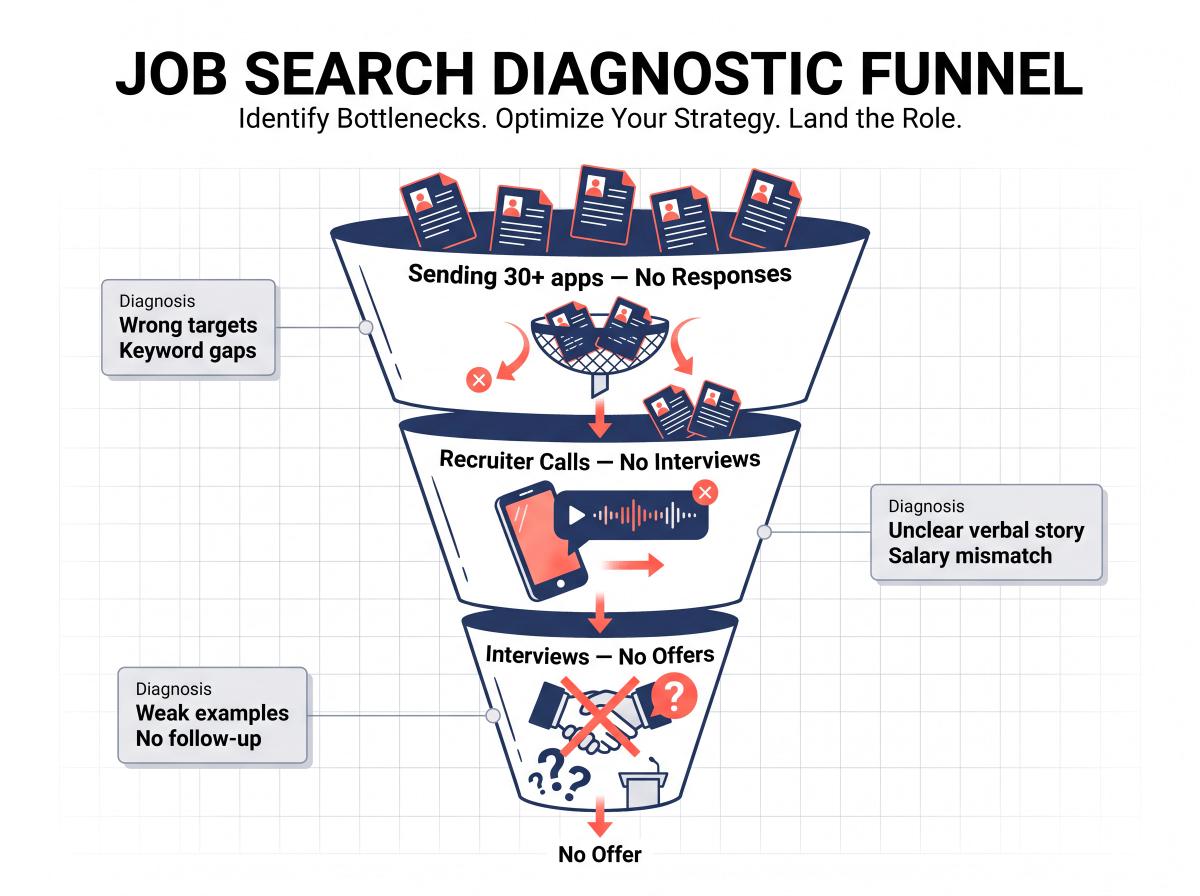 Job search funnel diagram showing three failure stages: no responses, no interviews, and no offers with fix labels