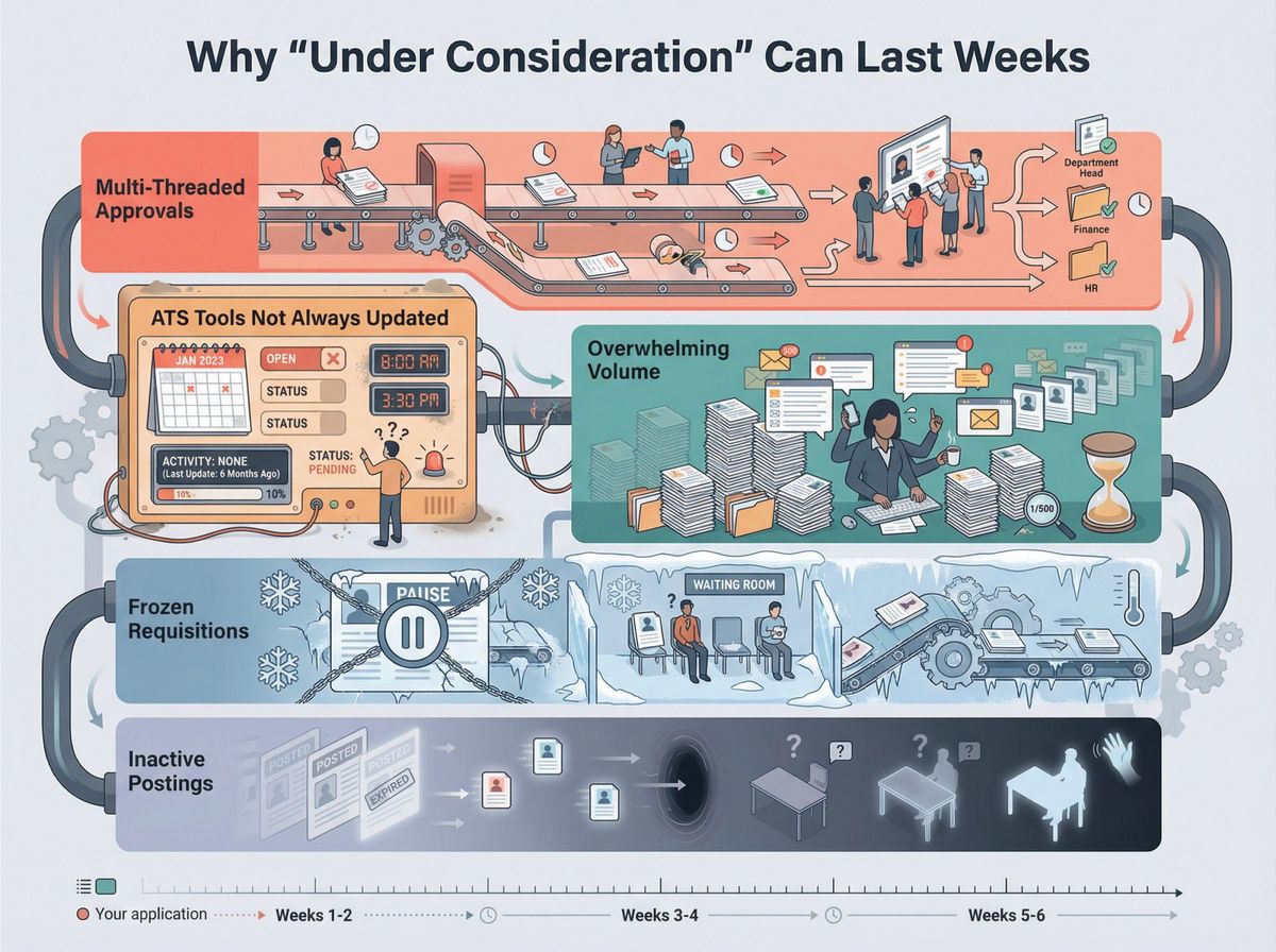 Behind-the-scenes infographic showing five systemic reasons why Under Consideration status can last weeks despite strong candidacy
