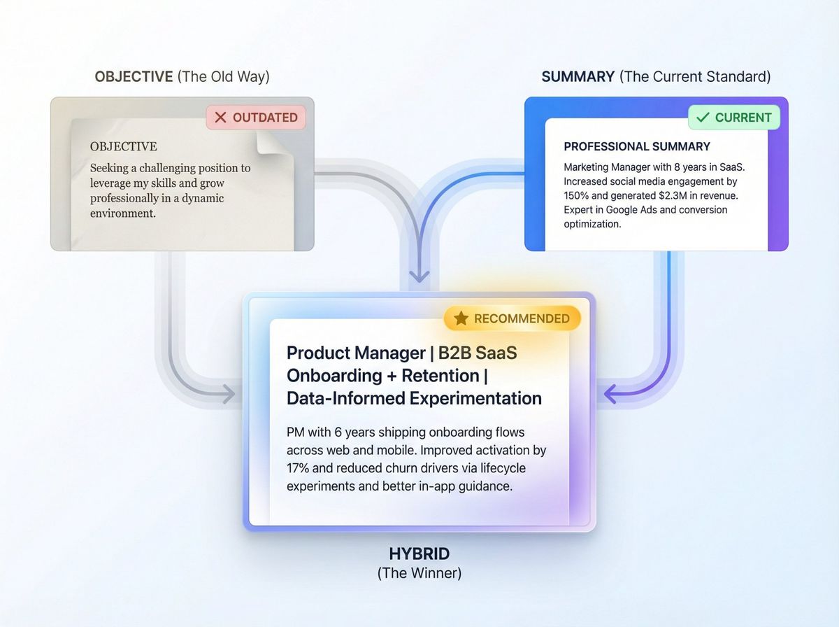 Visual comparison showing resume objective vs summary decision, with hybrid headline-plus-summary format highlighted as the modern solution