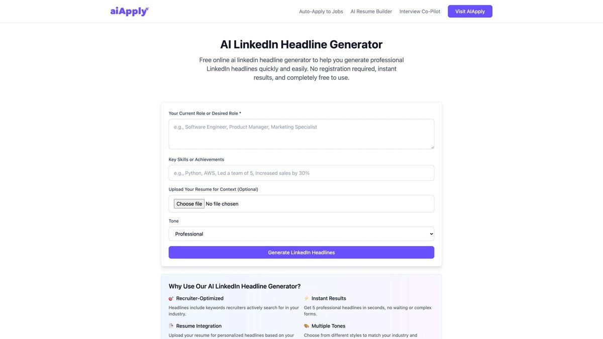 AIApply LinkedIn Headline Generator tool interface showing role input, skills field, resume upload, tone selector, and Generate LinkedIn Headlines button