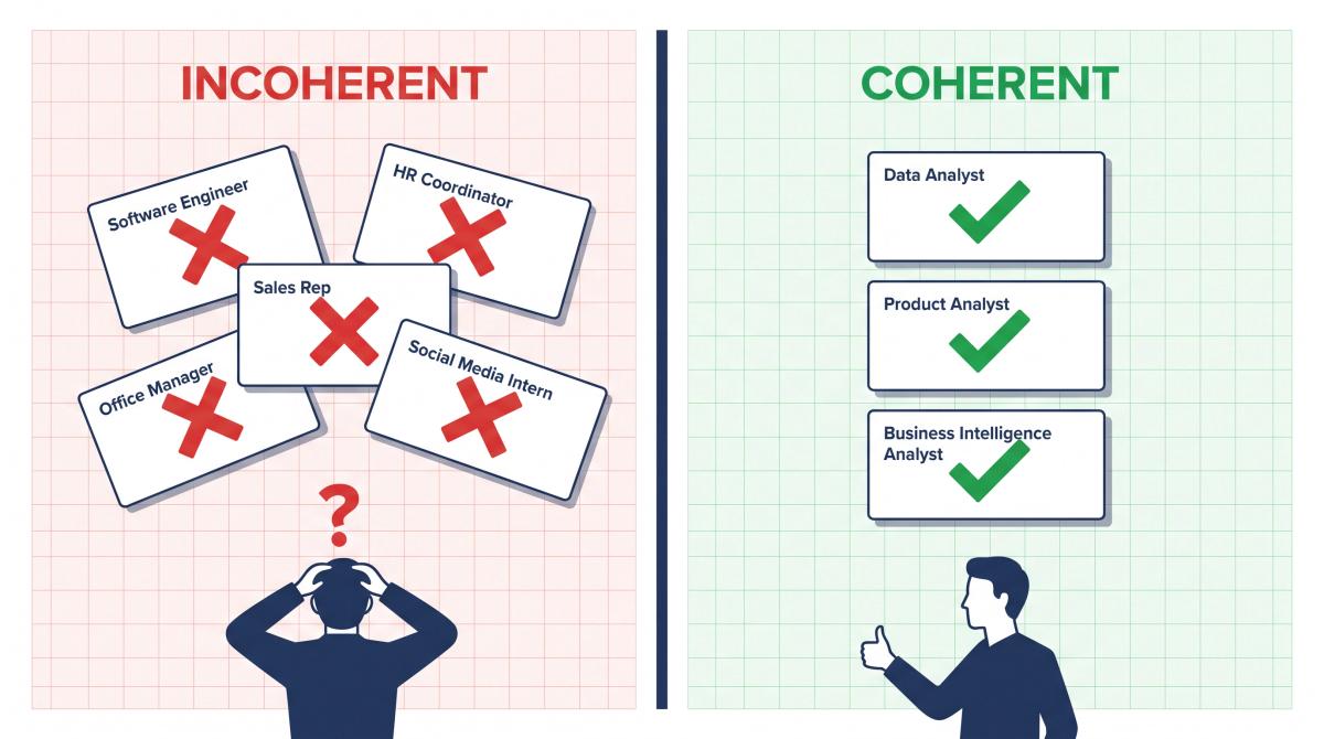 Split editorial illustration contrasting scattered incoherent job applications on the left with a focused coherent role cluster on the right