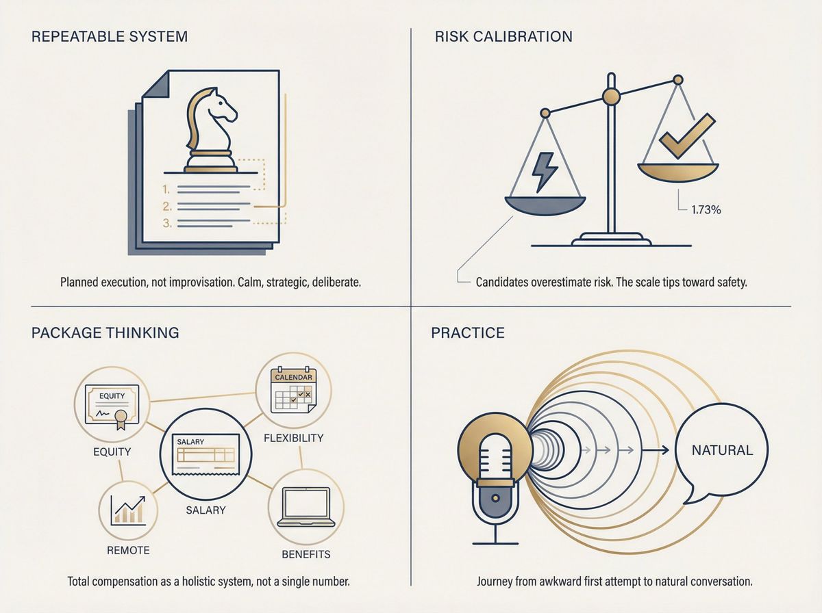 Four pillars of great salary negotiators: system, risk calibration, package thinking, and practice illustrated as a confident professional framework