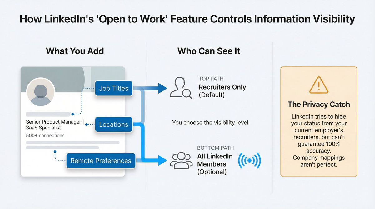 Educational diagram showing LinkedIn Open to Work visibility layers and privacy limitations