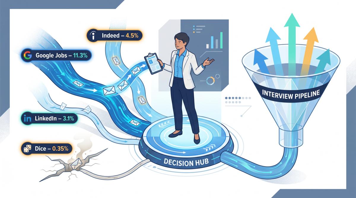 Editorial illustration of a job seeker strategically selecting application channels, with pipelines showing varying response rates flowing into a funnel