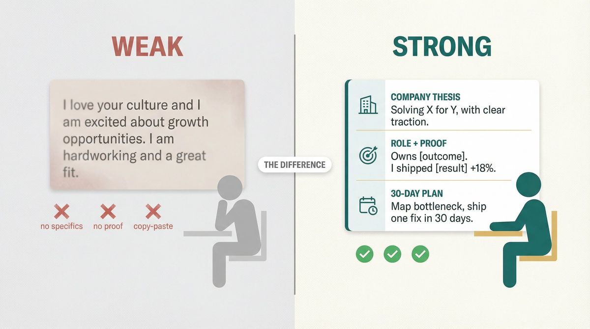 Side-by-side editorial illustration contrasting a weak generic interview answer versus a strong specific proof-backed answer