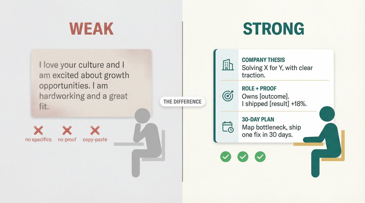 Side-by-side editorial illustration contrasting a weak generic interview answer versus a strong specific proof-backed answer