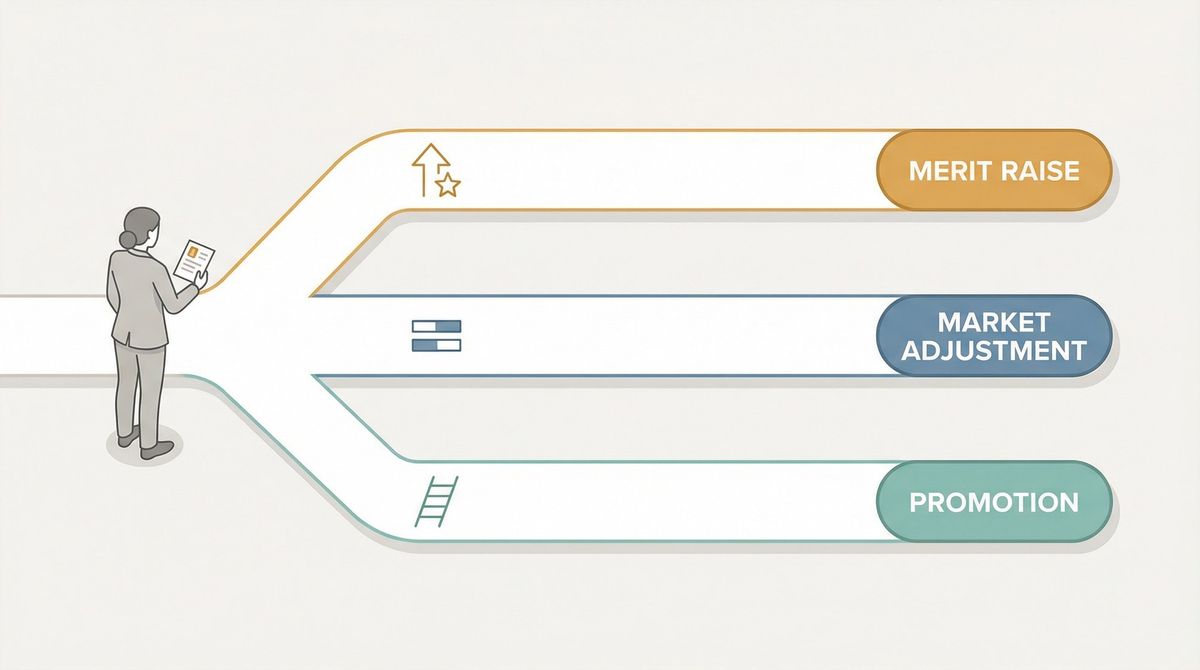 Three distinct salary raise approval paths illustrated as labeled lanes: Merit Raise, Market Adjustment, and Promotion