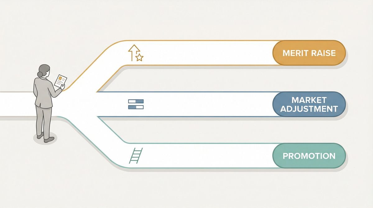 Three distinct salary raise approval paths illustrated as labeled lanes: Merit Raise, Market Adjustment, and Promotion