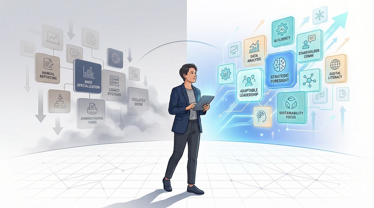 Editorial illustration of a professional scanning a dynamic skill landscape with rising and fading career paths on a clean horizon