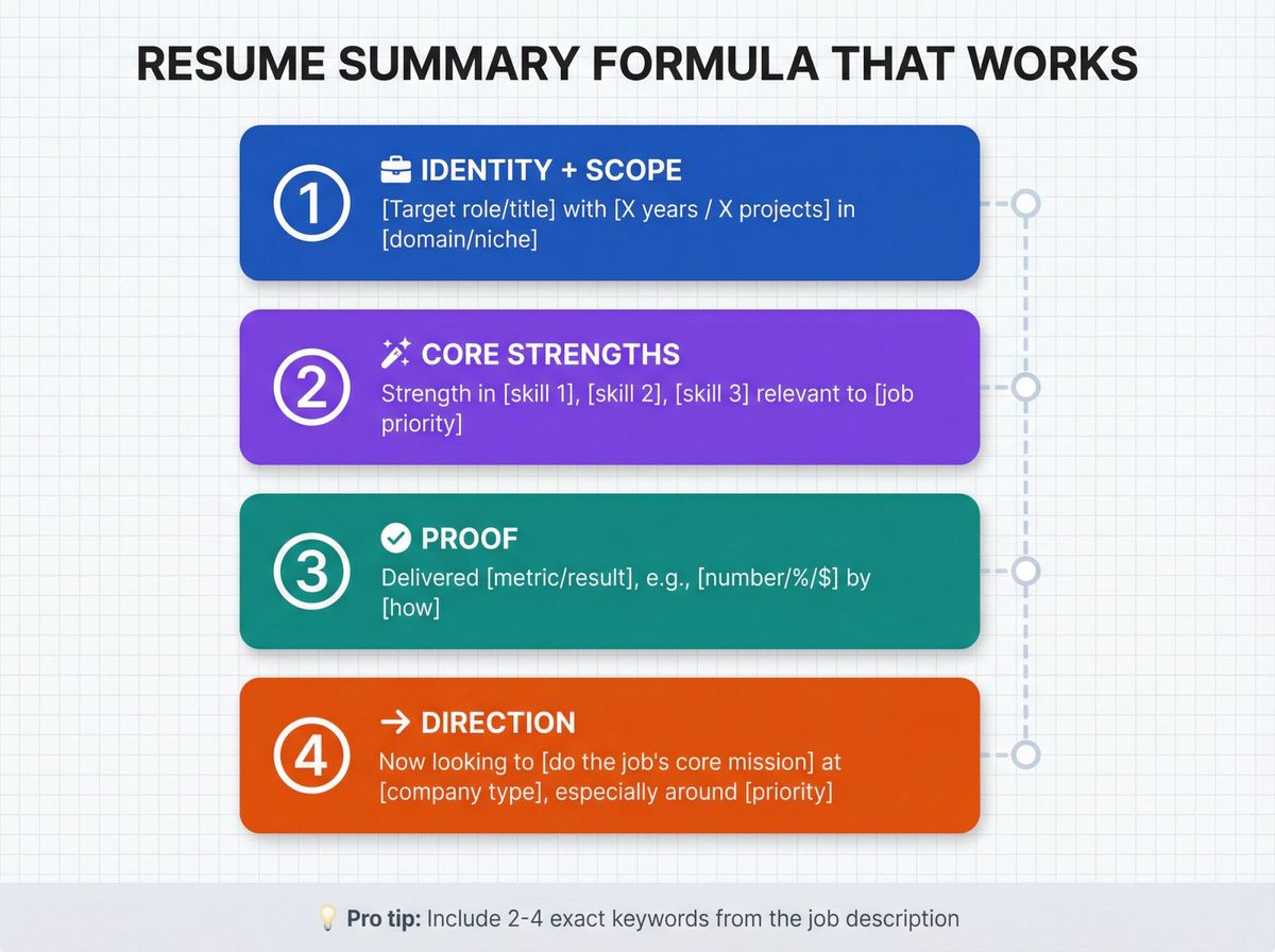 Visual blueprint showing the 4-step resume summary formula with Identity+Scope, Core Strengths, Proof, and Direction