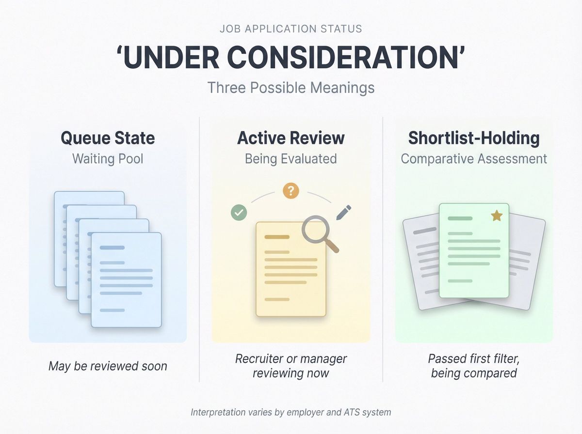 Visual diagram showing three possible meanings of 'Under Consideration' job status: queue state, active review, and shortlist holding