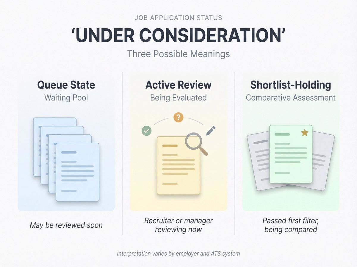 Visual diagram showing three possible meanings of 'Under Consideration' job status: queue state, active review, and shortlist holding