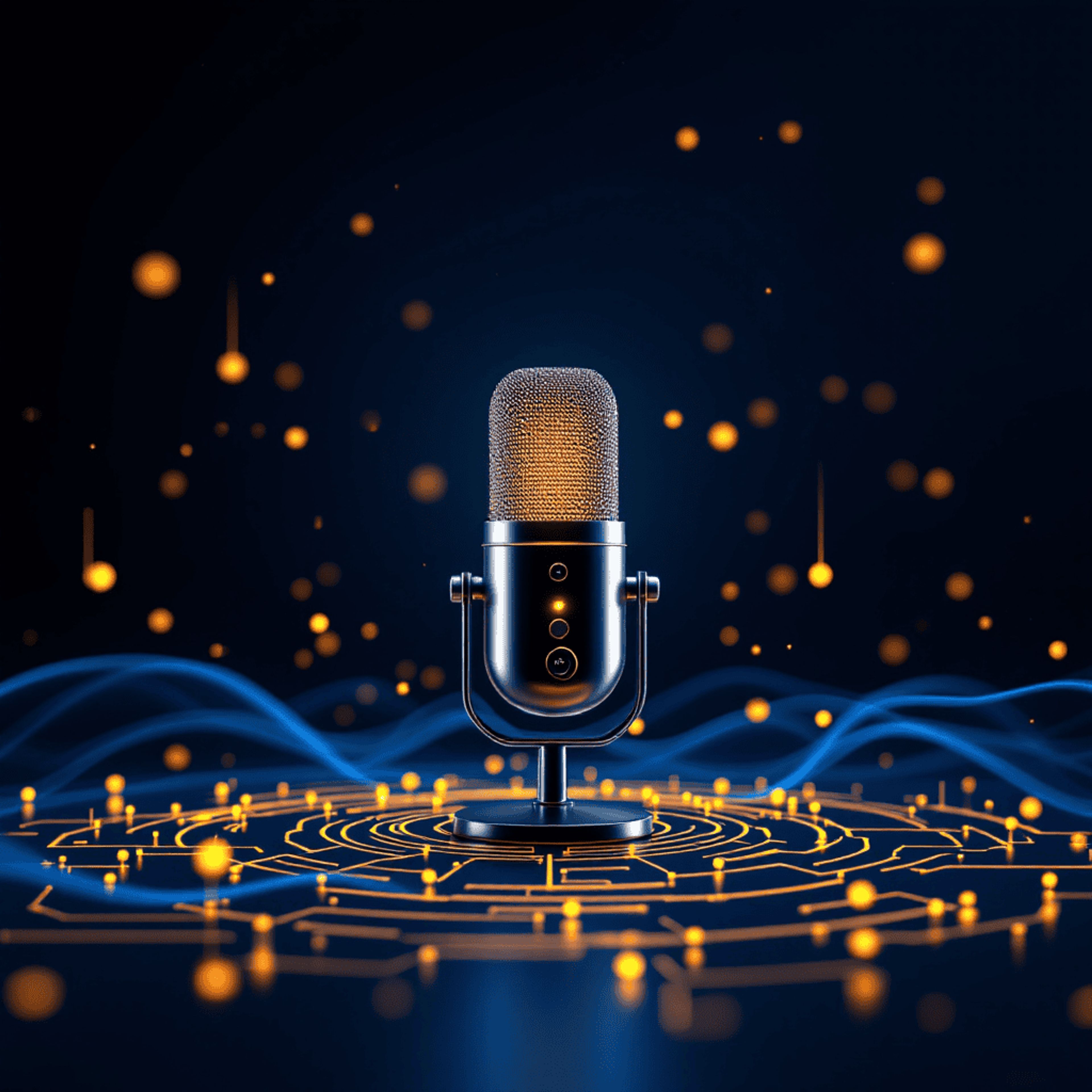 A bright, retro-style microphone on a glowing circuit board with blue lines and orange bokeh lights.