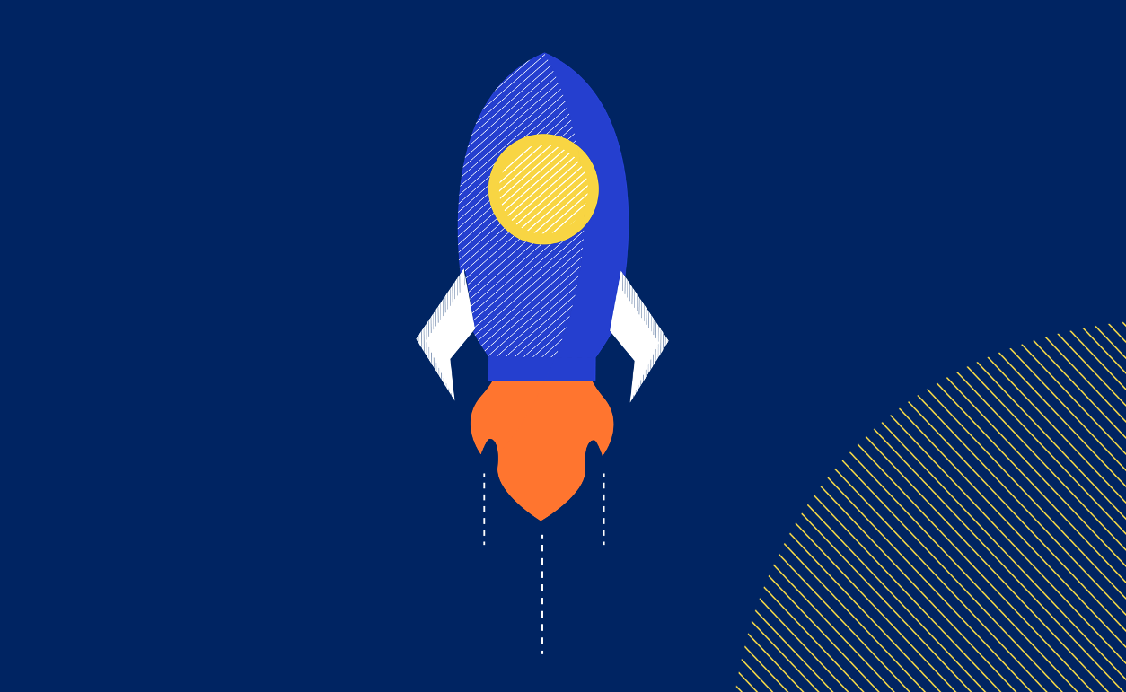 An illustration of a flying rocketship in space with a planet nearby_