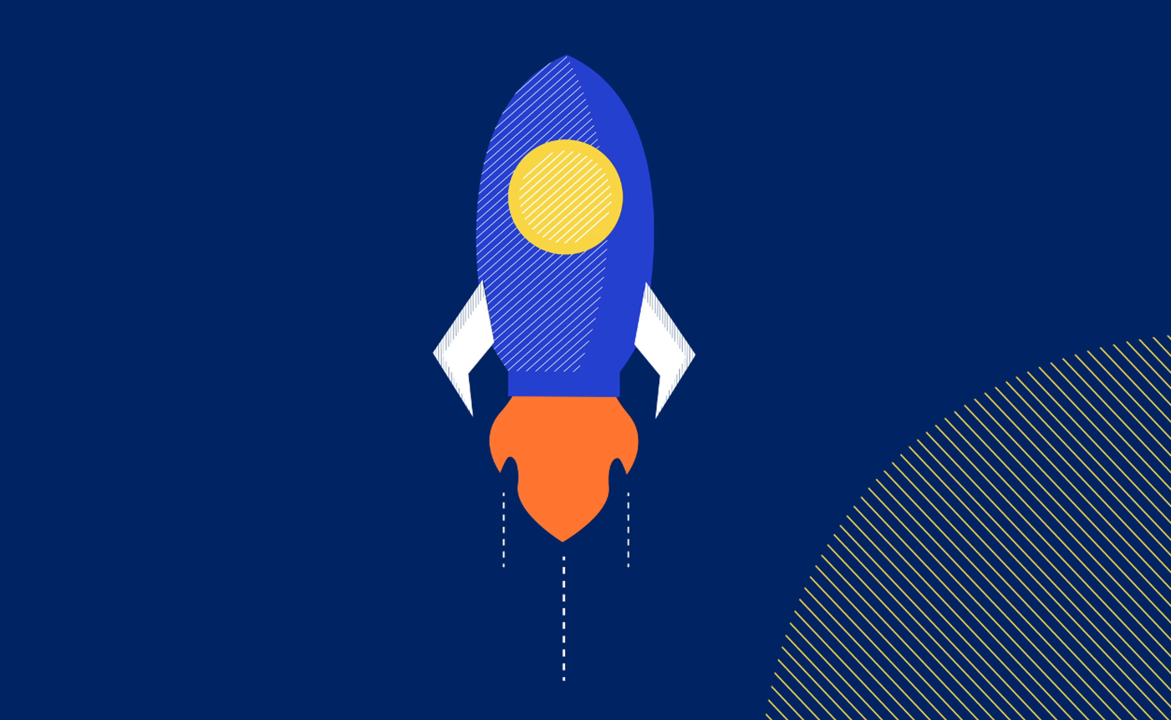 An illustration of a flying rocketship in space with a planet nearby_