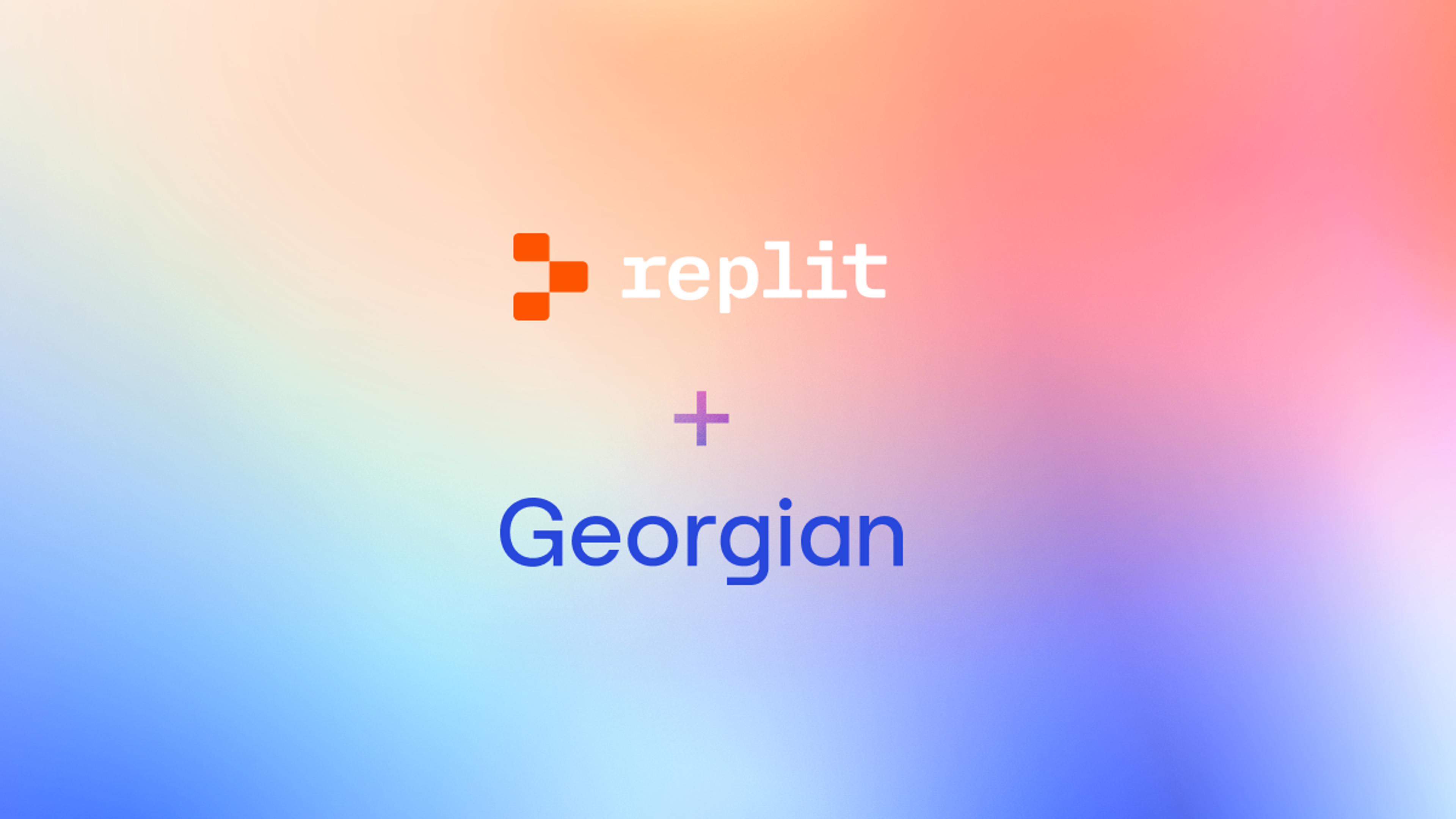 Orange Replit logo and text "replit + Georgian" on a colorful gradient background.