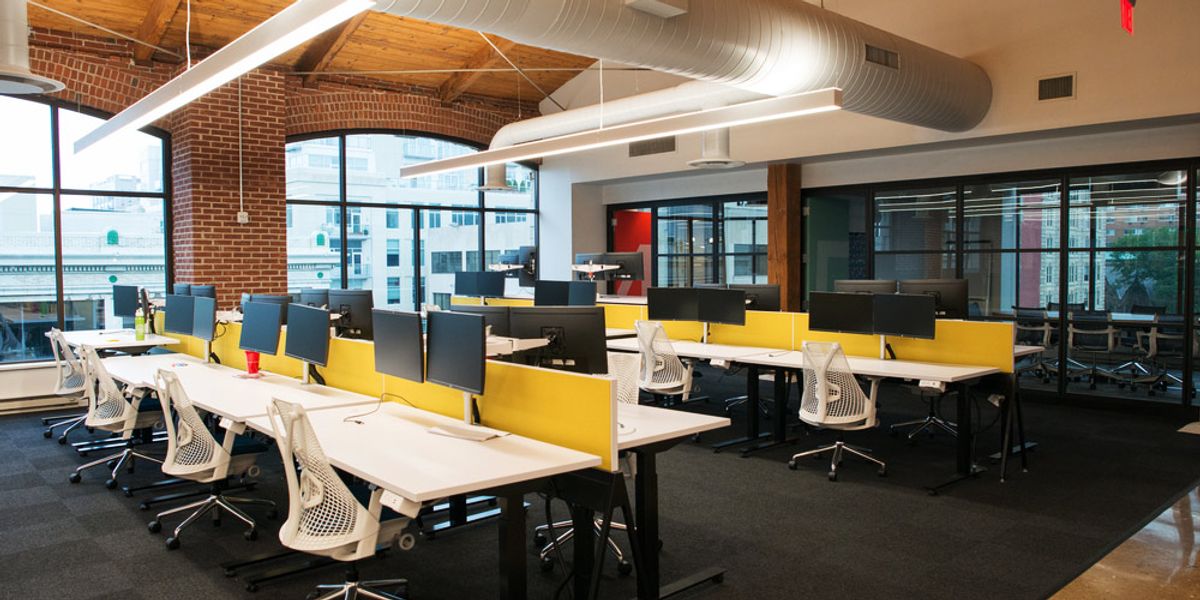 Linear pendant lighting above desks in an open-plan office