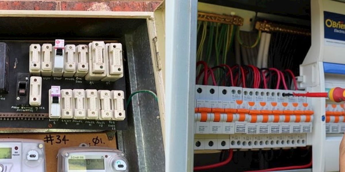 An older fuse box beside a newly upgraded switchboard