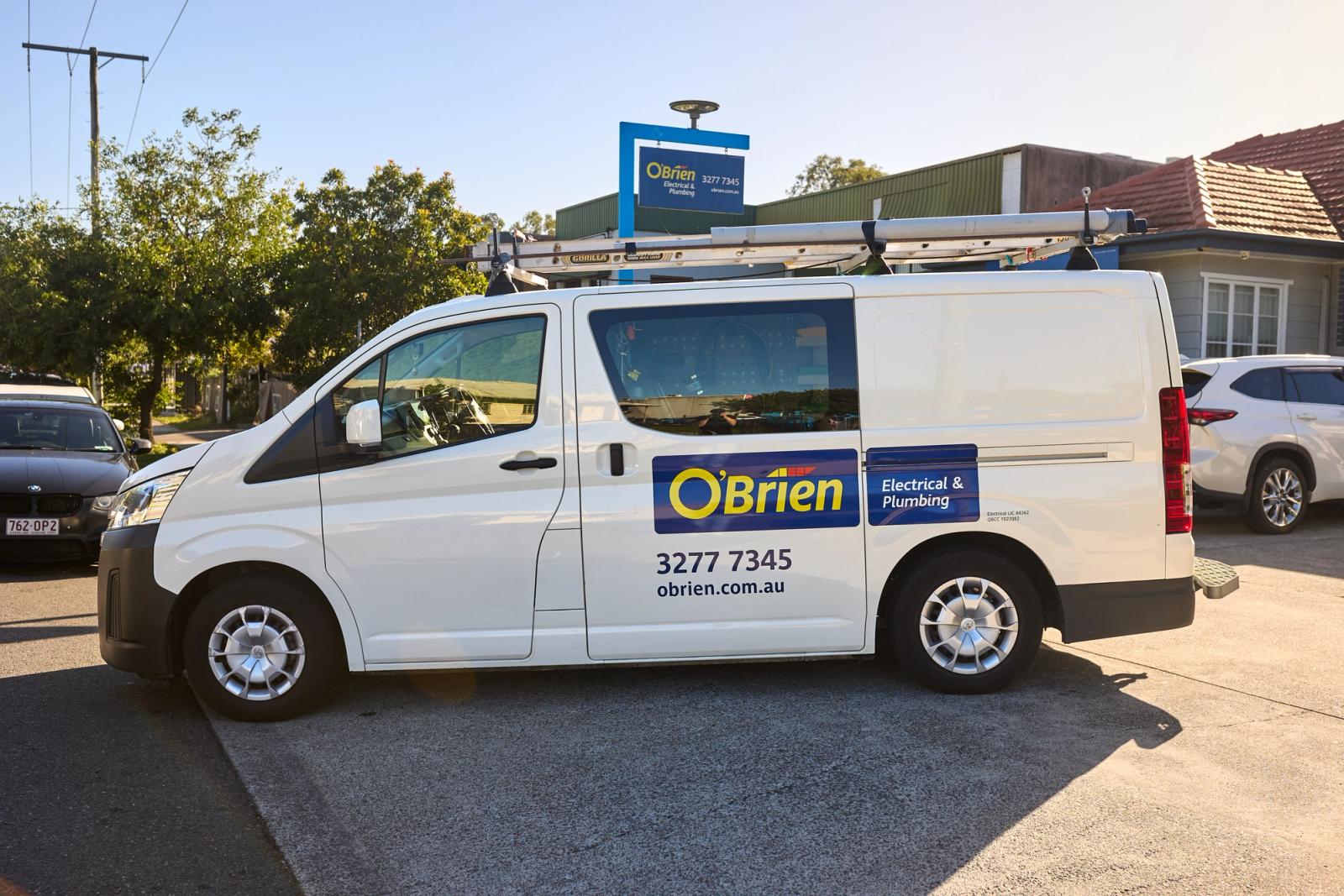 An O’Brien Electrical & Plumbing van parked outside the Coopers Plains branch